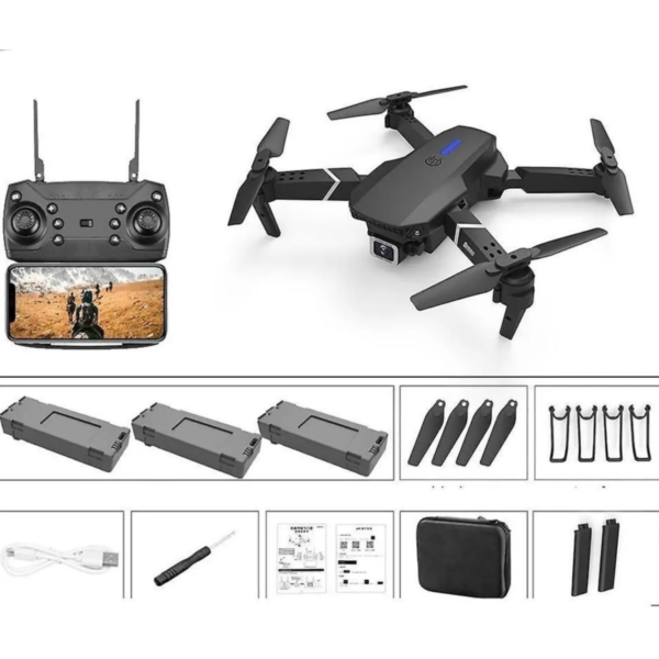 E88 DRONE 4K HD ÇİFT KAMERALI DRONE APP KONTROL WİFİ Lİ KATLANABİLİR QUATCOPTER X3 BATARYA - Görsel 2