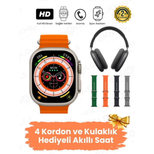 H27 ULTRA 3 AKILLI SAAT BLUETOOTH KULAKLIK VE 4 KORDON SET - Görsel 4